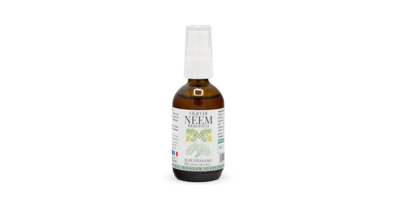 Flacone spray di olio di neem biologico, ideale per la cura della pelle.