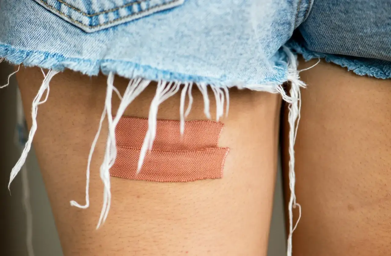 Cerotto su una coscia, sotto un bordo sfilacciato di jeans. Chiss&agrave;, forse una cicatrice sole dopo quanto tempo si vedr&agrave;.