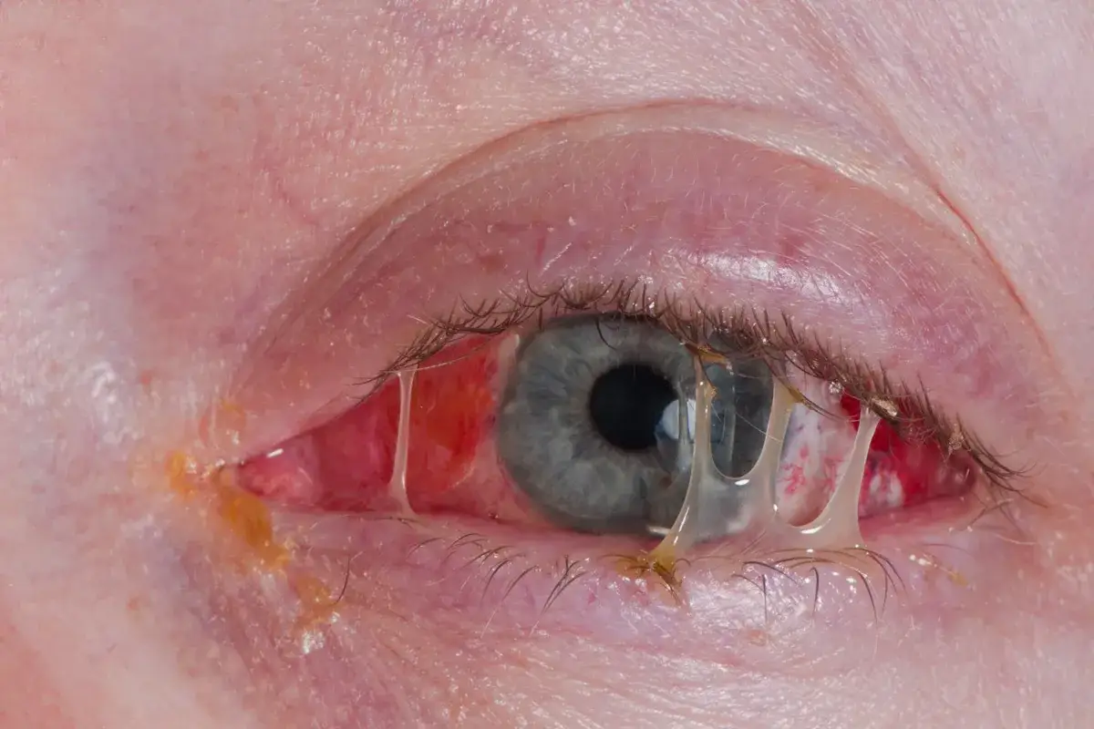 Occhio infiammato con secrezioni giallastre e filanti, pronto per il collirio antibiotico.