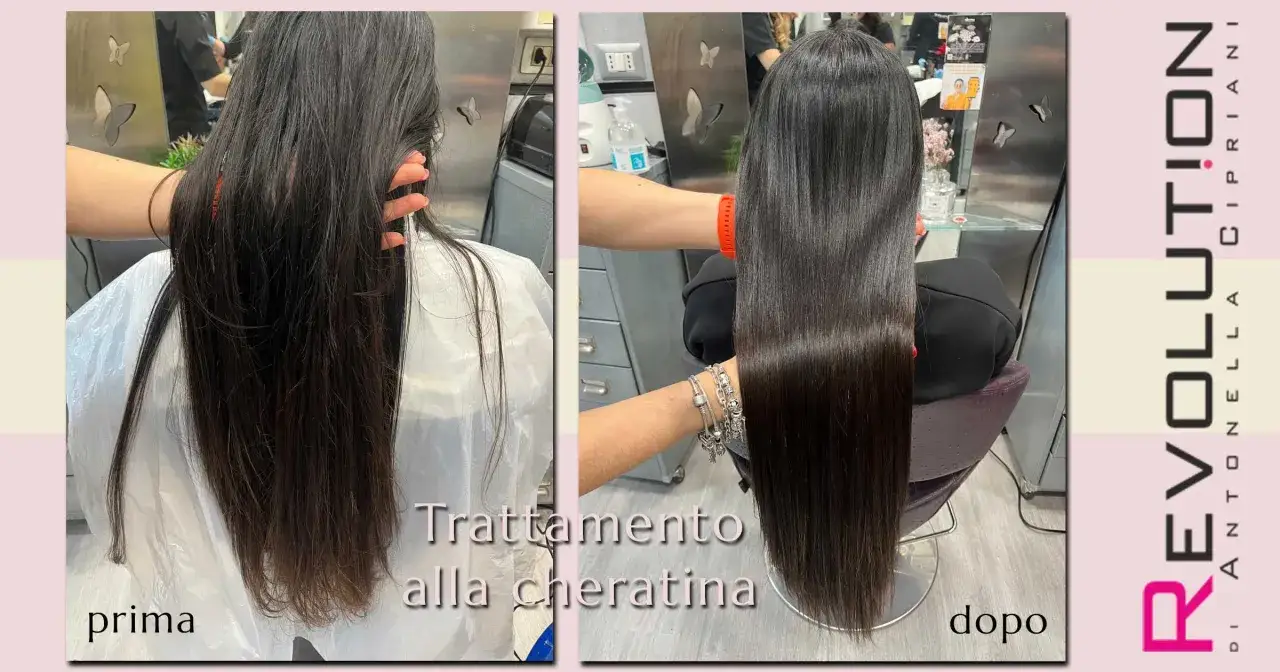 Prima e dopo un trattamento alla cheratina che ha reso le fibre di cheratina per capelli lisce e lucenti.
