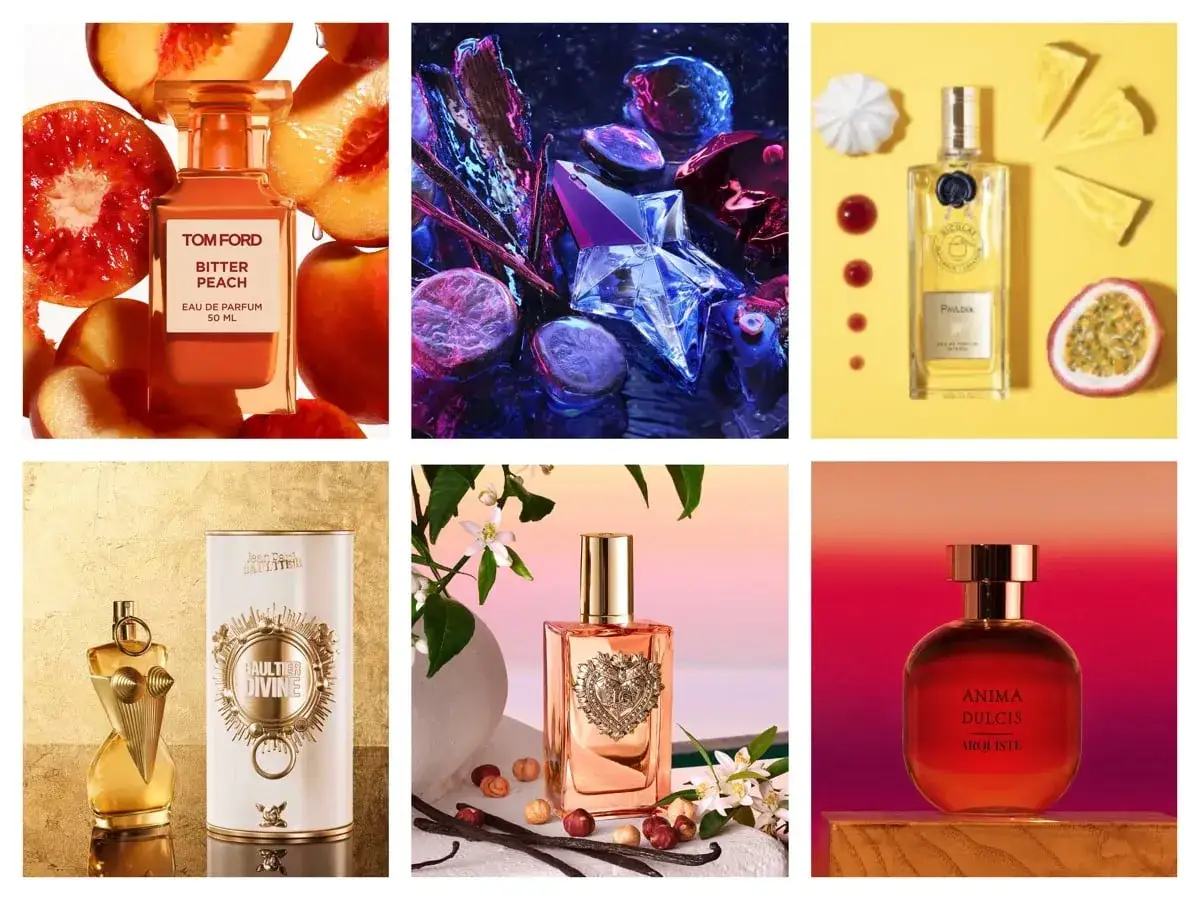 Profumo gourmand significato: fragranze che evocano sapori dolci e golosi, come pesche, vaniglia e frutta esotica, in un'esplosione sensoriale.