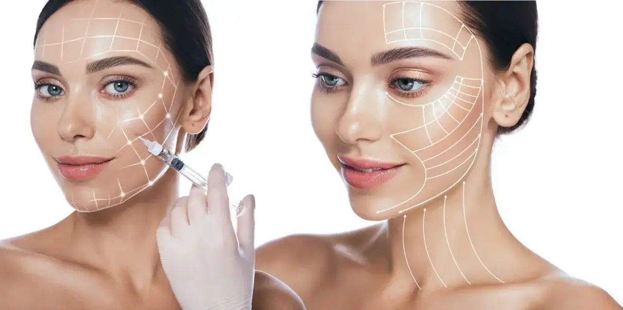 Dettaglio del viso di una donna con linee che indicano la biorivitalizzazione viso. Una mano guantata inietta un fluido.