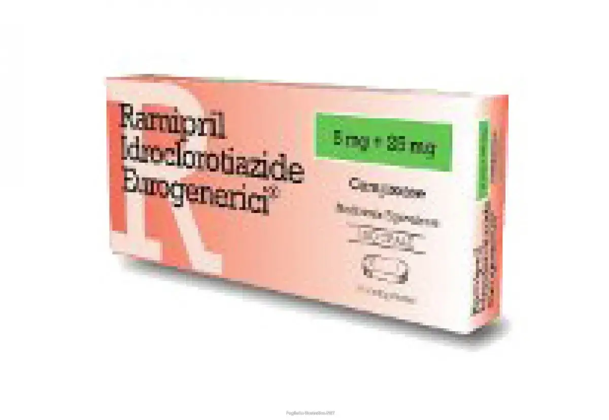Scatola di Ramipril Idroclorotiazide Eurogenerici 5mg+25mg, farmaco per la pressione.