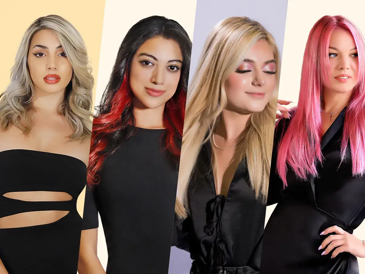 Quattro donne con colori nuovi per capelli: biondo platino, nero con ciocche rosse, biondo dorato e rosa acceso.