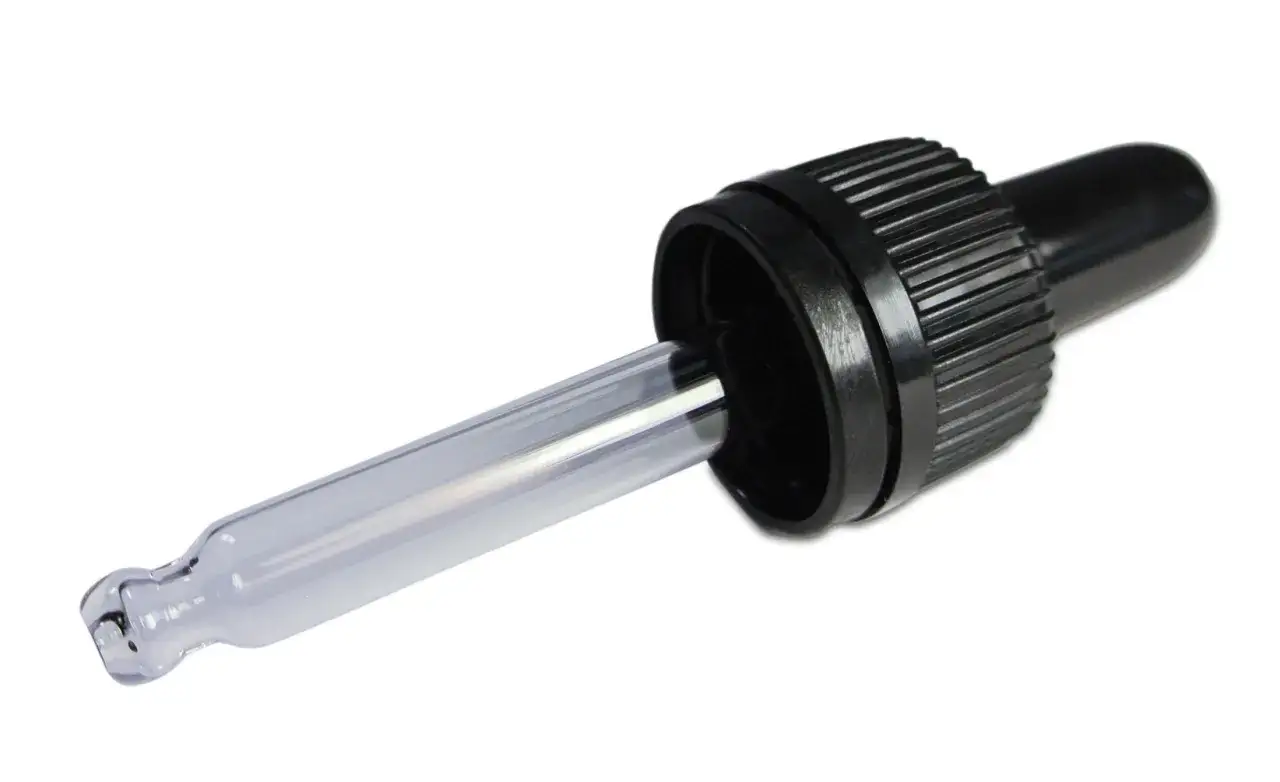 Pipetta contagocce con tappo nero, ideale per dosare con precisione soldesam gocce.