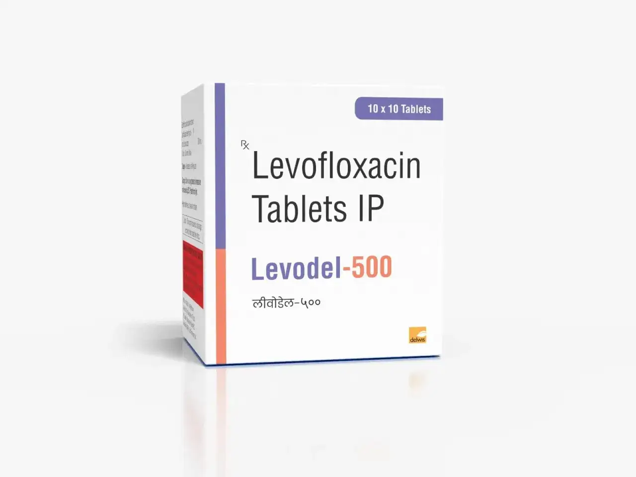 Scatola di compresse Levofloxacin IP, marca Levodel-500.