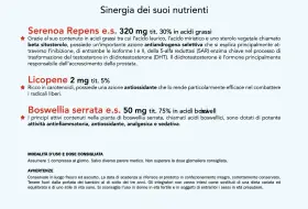 Serenoa Repens e.s. con beta sitosterolo aiuta a contrastare l'accrescimento della prostata. Licopene e Boswellia serrata completano l'azione.
