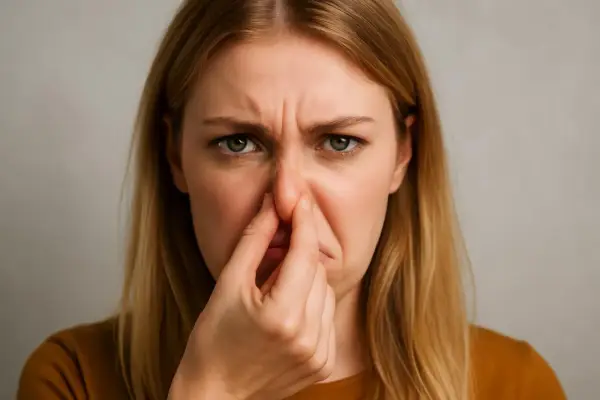 Donna con espressione disgustata che si tappa il naso, forse per un sederino rosso per cacca acida.