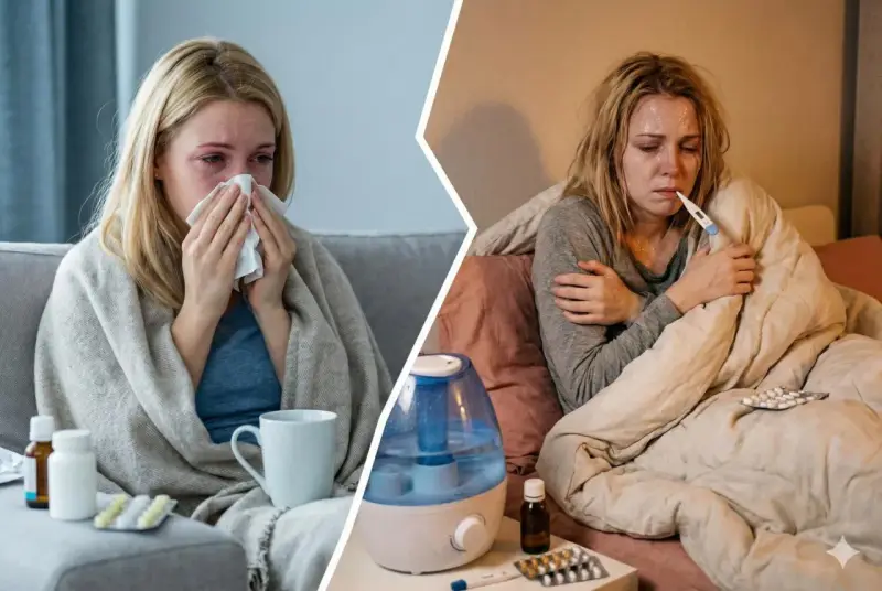 Donna con sintomi influenza 2026: raffreddata, febbricitante e coperta da coperte, con termometro e medicinali.
