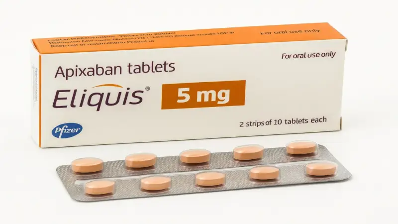 Eliquis, a 5 mg Apixaban tablet, serve a prevenire coaguli di sangue. La confezione contiene 2 blister da 10 compresse.